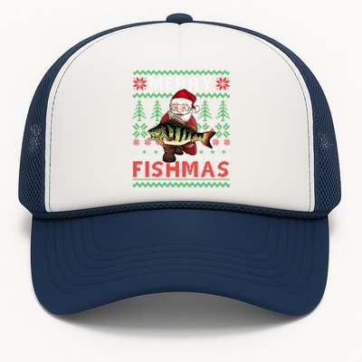 Merry Fishmas Santa Fishing Fishers Ugly Christmas Sweater Gift Trucker Hat