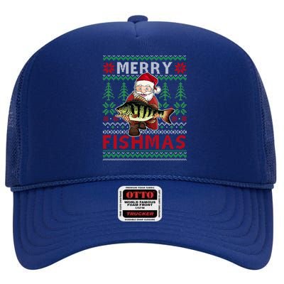 Merry Fishmas Santa Fishing Fishers Ugly Christmas Sweater Gift High Crown Mesh Back Trucker Hat