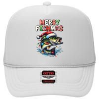 Merry Fishmas Santa Fishing Lovers Funny Fisherman Christmas High Crown Mesh Back Trucker Hat