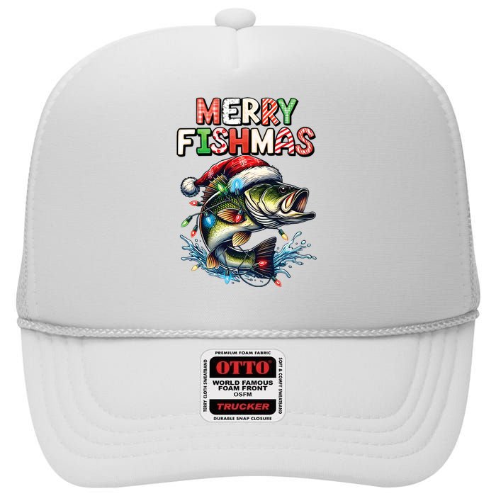 Merry Fishmas Santa Fishing Lovers Funny Fisherman Christmas High Crown Mesh Back Trucker Hat