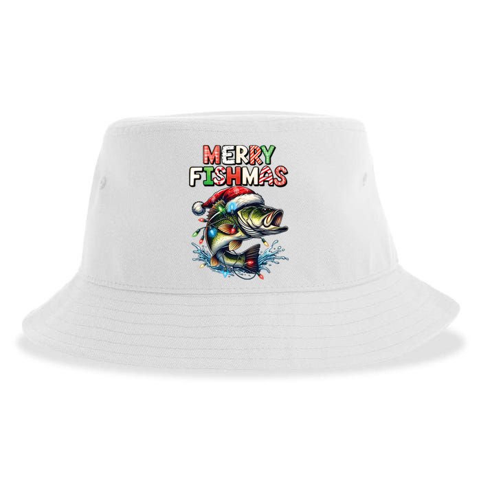 Merry Fishmas Santa Fishing Lovers Funny Fisherman Christmas Sustainable Bucket Hat