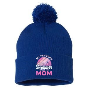 My Favorite Swimmer Calls Me Mom Mothers Day Retro Swimming Gift Pom Pom 12in Knit Beanie