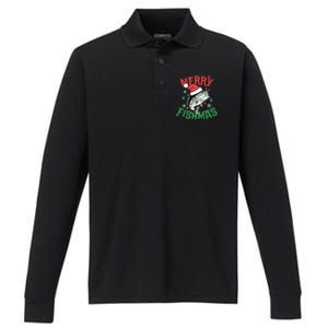 Merry Fishmas Santa Christmas Bass Fishing Fisher Gift Performance Long Sleeve Polo