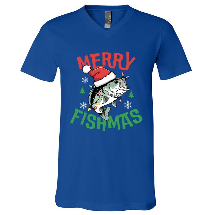 Merry Fishmas Santa Christmas Bass Fishing Fisher Gift V-Neck T-Shirt