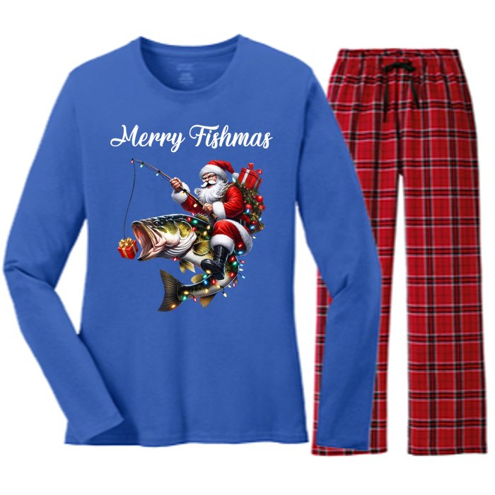 Merry Fishmas Santa Christmas Fisher Great Gift Women's Long Sleeve Flannel Pajama Set 