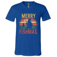 Merry Fishmas Santa Fishing Vintage Sunset Christmas Funny Gift V-Neck T-Shirt