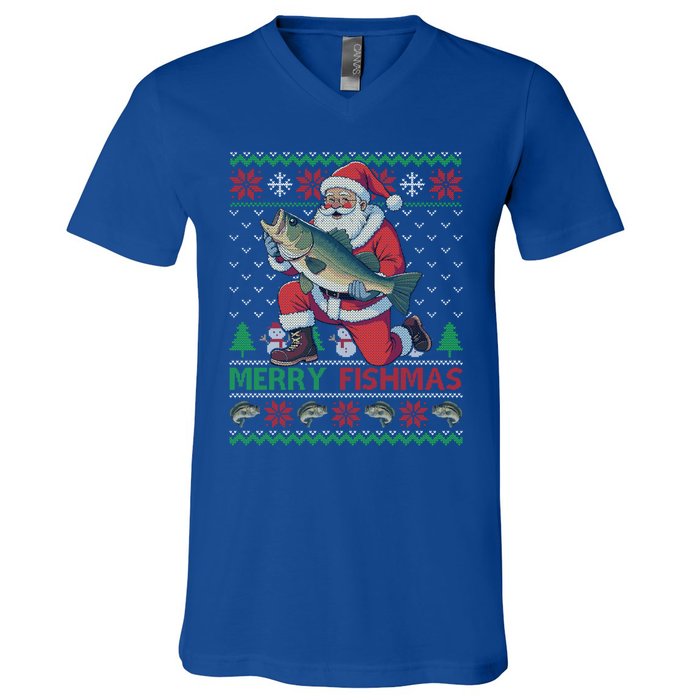 Merry Fishmas Santa Fishing Fisher Ugly Christmas Meaningful Gift V-Neck T-Shirt