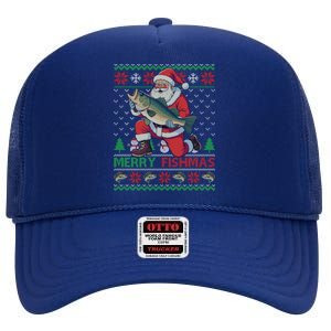 Merry Fishmas Santa Fishing Fisher Ugly Christmas Meaningful Gift High Crown Mesh Back Trucker Hat