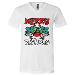 Merry Fishmas Santa Claus Fishing Matching Christmas Costume V-Neck T-Shirt