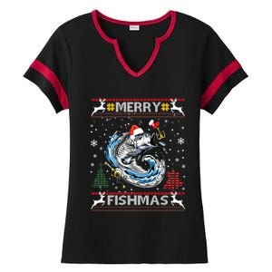 Merry Fishmas Santa Fishing Lovers Funny Fisher Christmas Cute Gift Ladies Halftime Notch Neck Tee