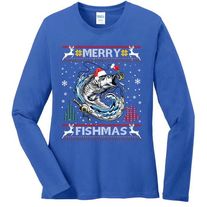 Merry Fishmas Santa Fishing Lovers Funny Fisher Christmas Cute Gift Ladies Long Sleeve Shirt