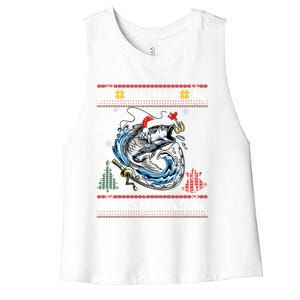 Merry Fishmas Santa Fishing Lovers Funny Fisher Christmas Cute Gift Women's Racerback Cropped Tank