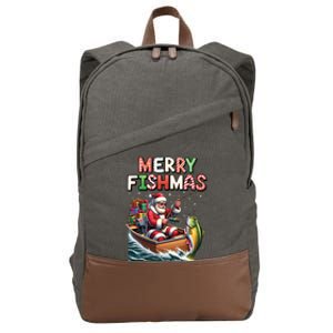 Merry Fishmas Santa Fishing Lovers Funny Fisherman Christmas Cotton Canvas Backpack