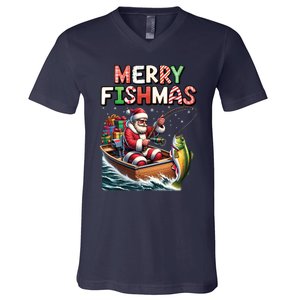 Merry Fishmas Santa Fishing Lovers Funny Fisherman Christmas V-Neck T-Shirt