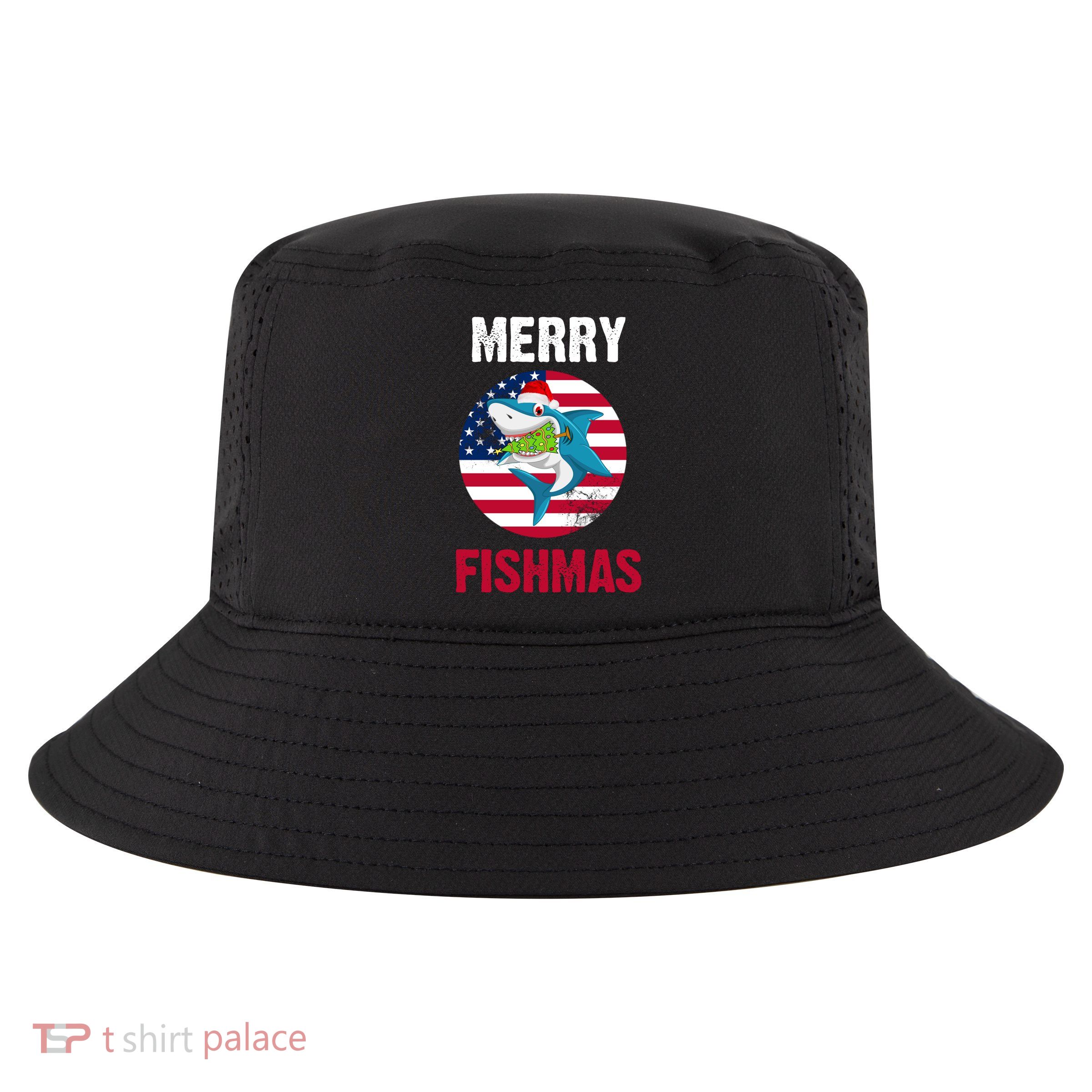 Merry Fishmas Shark America Christmas Cool Comfort Performance Bucket Hat