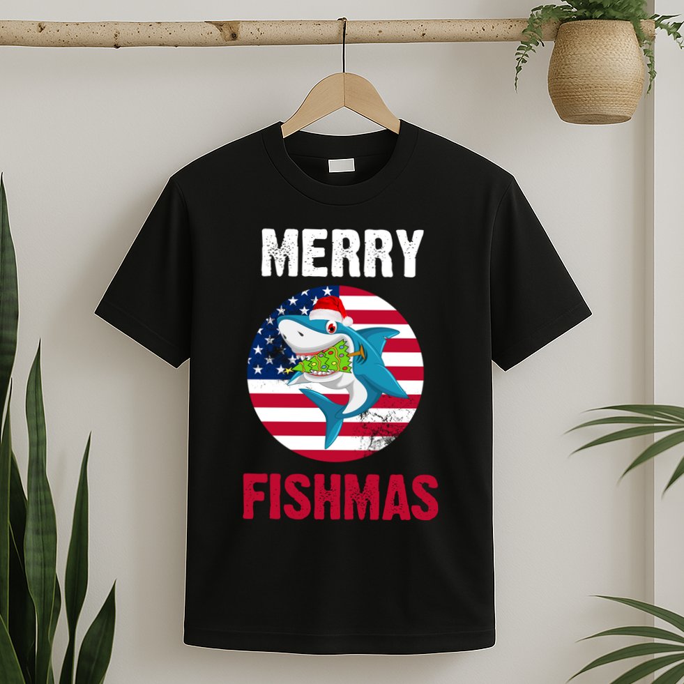 Merry Fishmas Shark America Christmas T-Shirt
