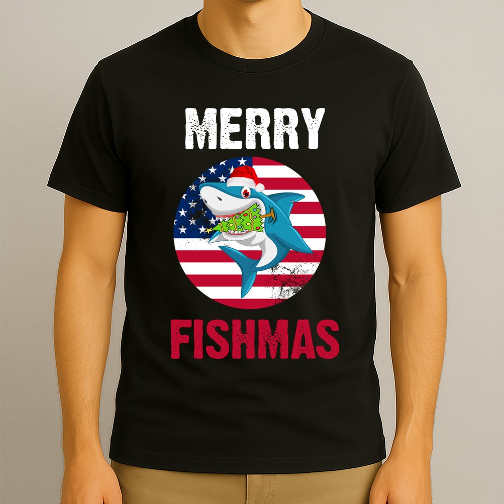 Merry Fishmas Shark America Christmas T-Shirt
