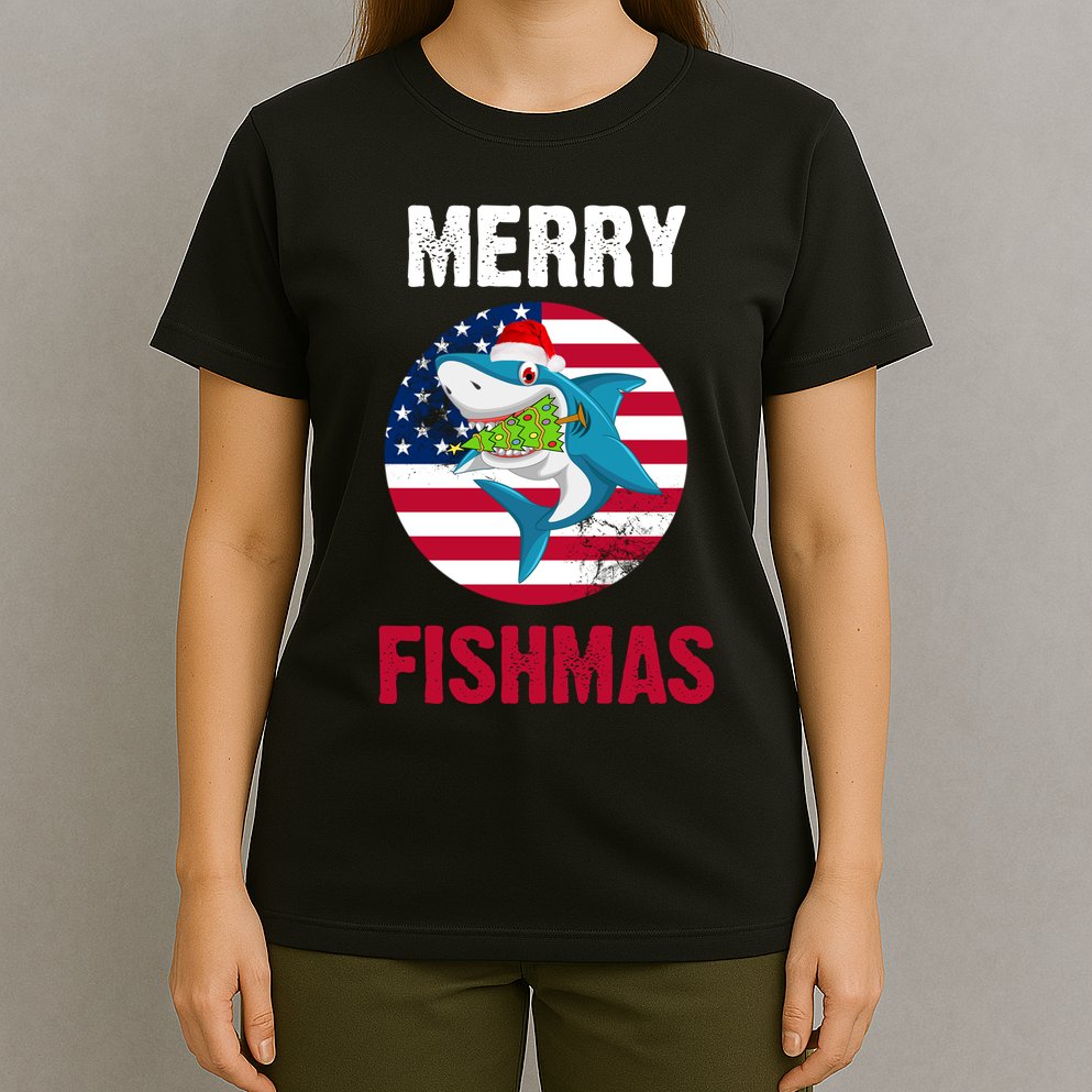 Merry Fishmas Shark America Christmas T-Shirt