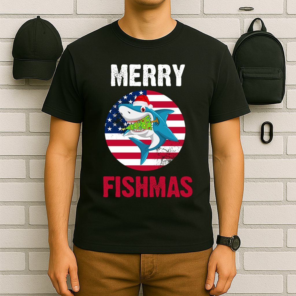 Merry Fishmas Shark America Christmas T-Shirt