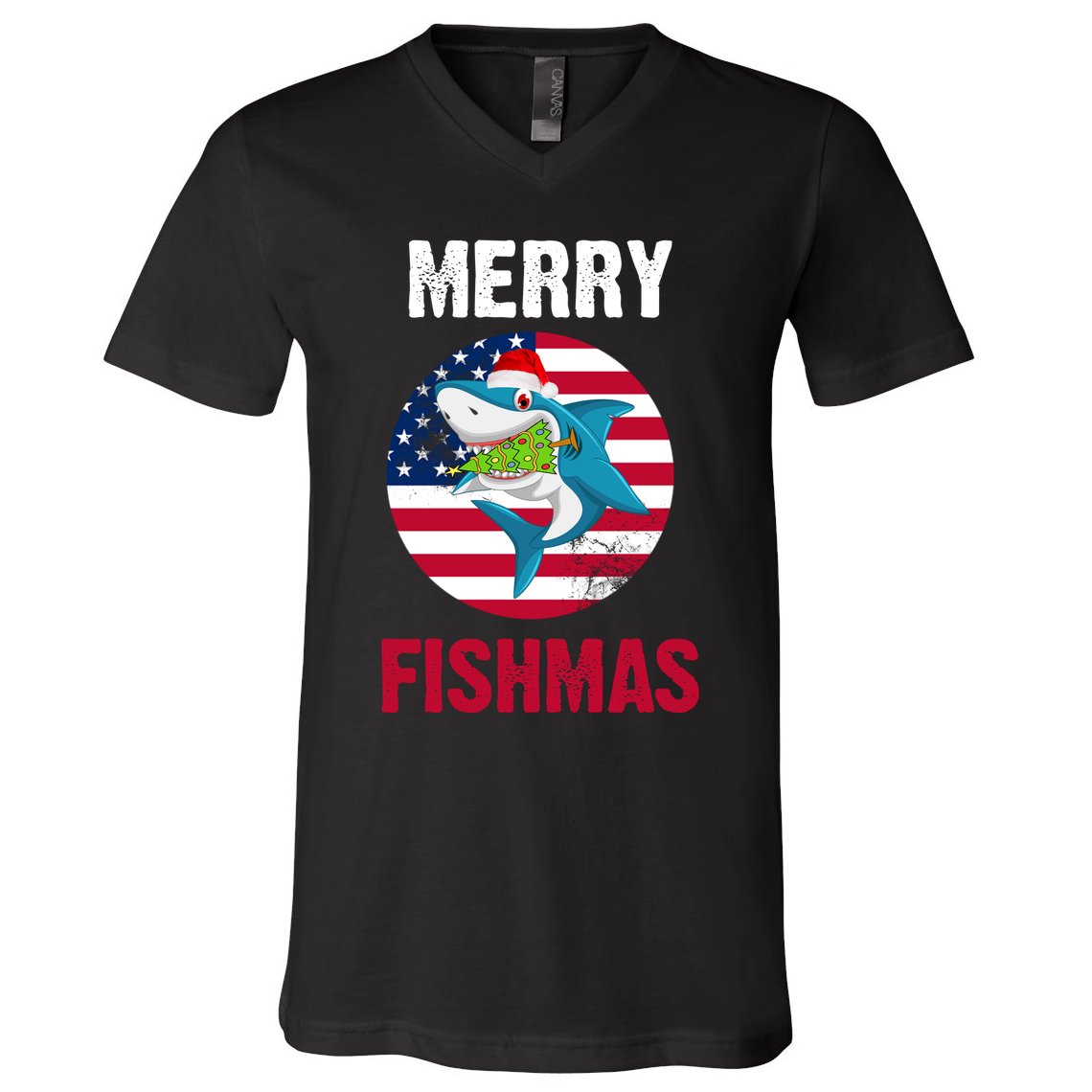 Merry Fishmas Shark America Christmas V-Neck T-Shirt