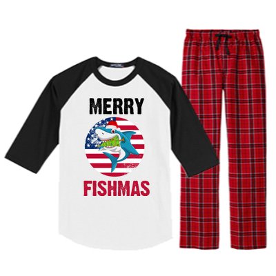 Merry Fishmas Shark America Christmas Raglan Sleeve Pajama Set