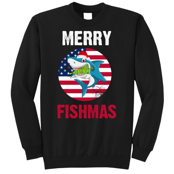 Merry Fishmas Shark America Christmas Tall Sweatshirt