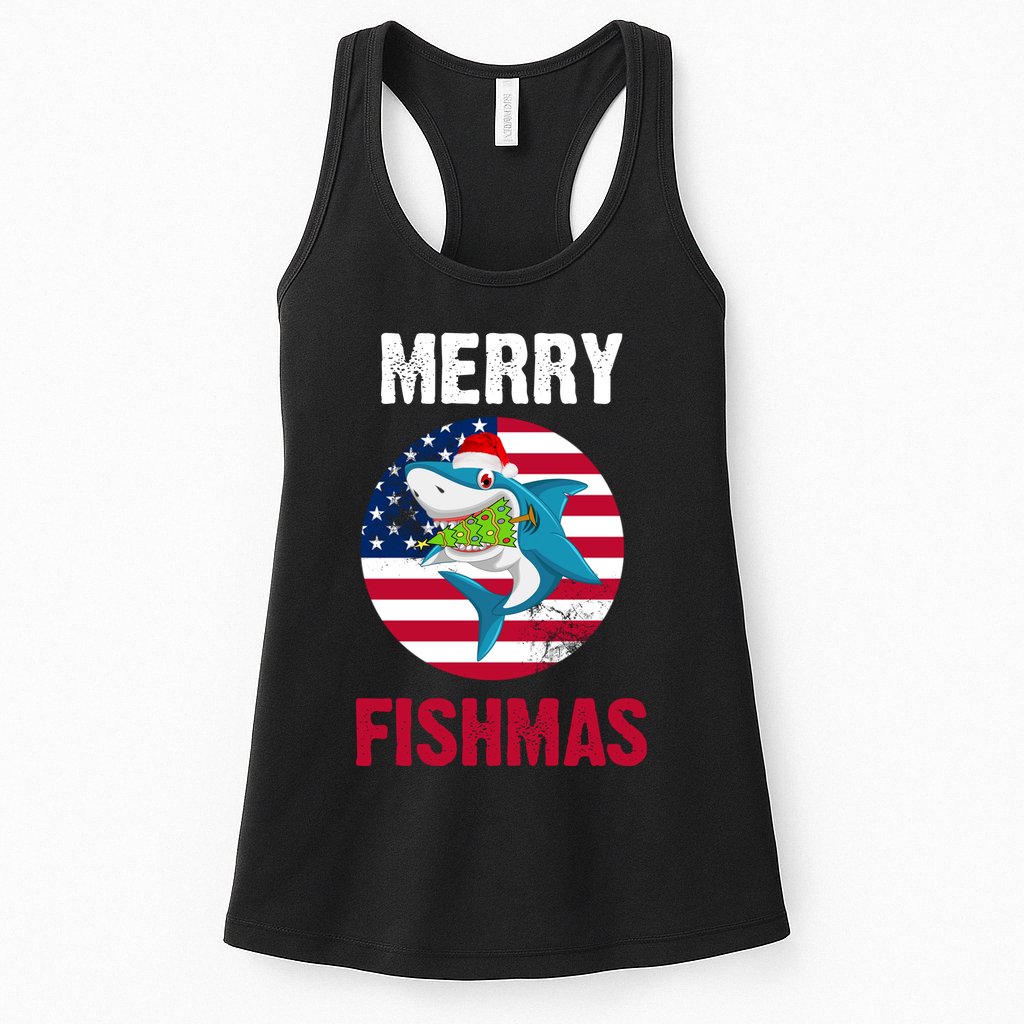 Merry Fishmas Shark America Christmas Womens Tank Top