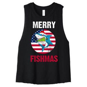 Merry Fishmas Shark America Christmas Women's Racerback Cropped Tank