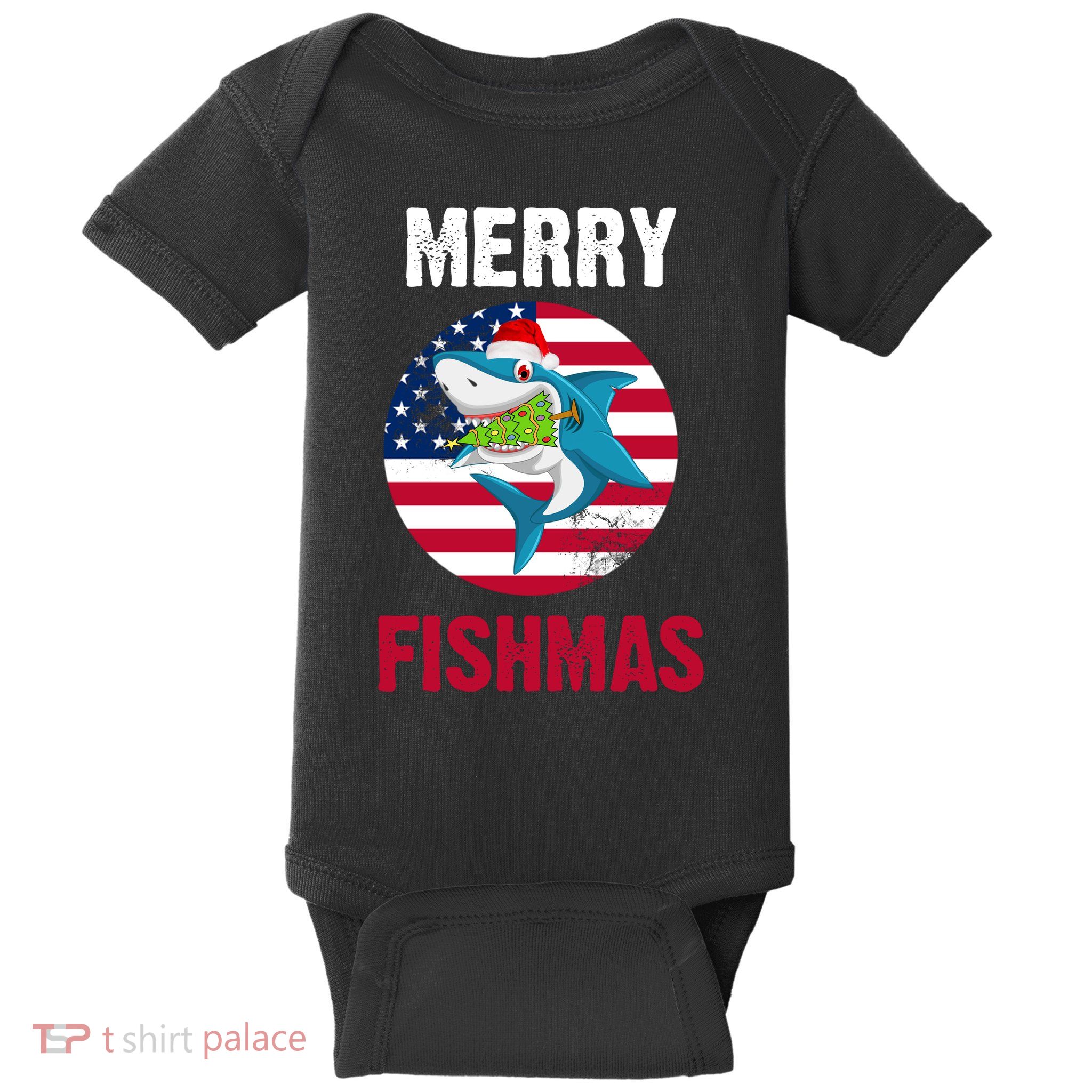 Merry Fishmas Shark America Christmas Baby Bodysuit