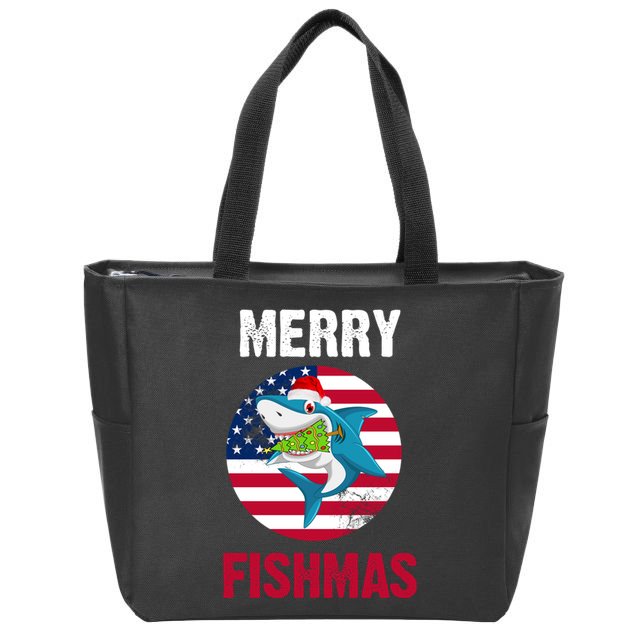 Merry Fishmas Shark America Christmas Zip Tote Bag