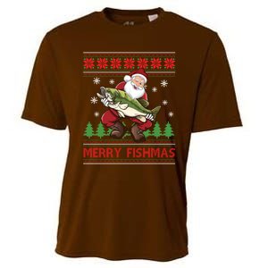 Merry Fishmas Santa Fishing Ugly Christmas Sweater Style Cooling Performance Crew T-Shirt