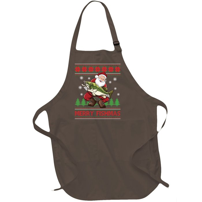 Merry Fishmas Santa Fishing Ugly Christmas Sweater Style Full-Length Apron With Pockets