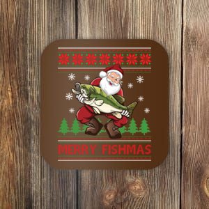 Merry Fishmas Santa Fishing Ugly Christmas Sweater Style Coaster