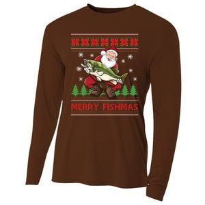 Merry Fishmas Santa Fishing Ugly Christmas Sweater Style Cooling Performance Long Sleeve Crew