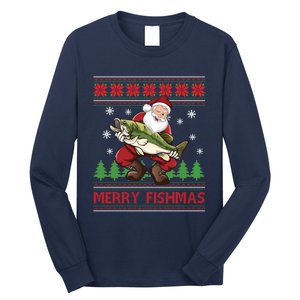 Merry Fishmas Santa Fishing Ugly Christmas Sweater Style Long Sleeve Shirt