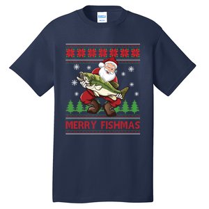 Merry Fishmas Santa Fishing Ugly Christmas Sweater Style Tall T-Shirt