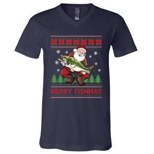 Merry Fishmas Santa Fishing Ugly Christmas Sweater Style V-Neck T-Shirt