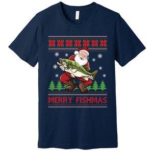 Merry Fishmas Santa Fishing Ugly Christmas Sweater Style Premium T-Shirt