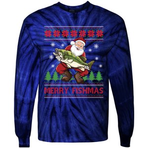 Merry Fishmas Santa Fishing Ugly Christmas Sweater Style Tie-Dye Long Sleeve Shirt