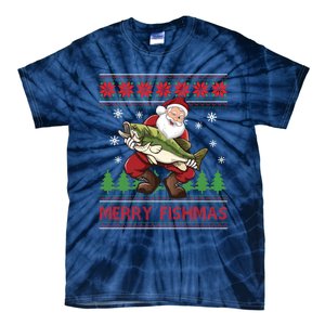 Merry Fishmas Santa Fishing Ugly Christmas Sweater Style Tie-Dye T-Shirt