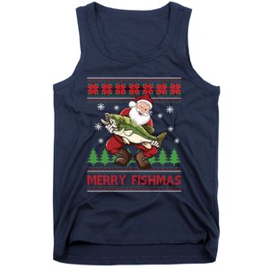 Merry Fishmas Santa Fishing Ugly Christmas Sweater Style Tank Top