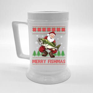 Merry Fishmas Santa Fishing Ugly Christmas Sweater Style Beer Stein