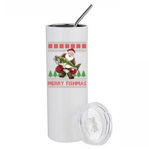 Merry Fishmas Santa Fishing Ugly Christmas Sweater Style Stainless Steel Tumbler