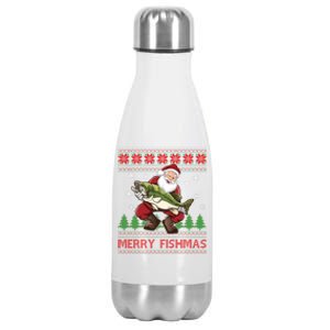 Merry Fishmas Santa Fishing Ugly Christmas Sweater Style Stainless Steel Insulated Water Bottle