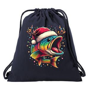 Merry Fishmas Santa Fishing Lovers Funny Fisher Christmas Cute Gift Drawstring Bag