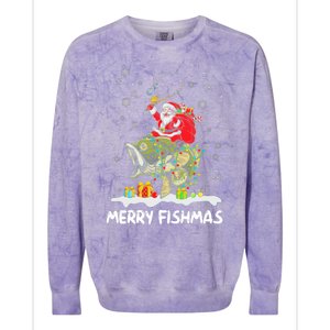 Merry Fishmas Santa Riding Fish Christmas Lights Fishing Rod Gift Colorblast Crewneck Sweatshirt