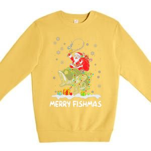 Merry Fishmas Santa Riding Fish Christmas Lights Fishing Rod Gift Premium Crewneck Sweatshirt