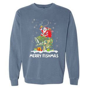 Merry Fishmas Santa Riding Fish Christmas Lights Fishing Rod Gift Garment-Dyed Sweatshirt