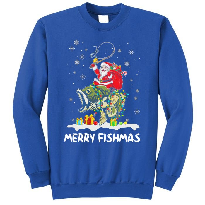 Merry Fishmas Santa Riding Fish Christmas Lights Fishing Rod Gift Sweatshirt