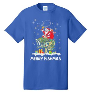 Merry Fishmas Santa Riding Fish Christmas Lights Fishing Rod Gift Tall T-Shirt